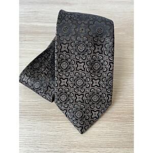 Haines & Bonner of London Brown Floral/Geometric Design 100% Silk Designer Tie